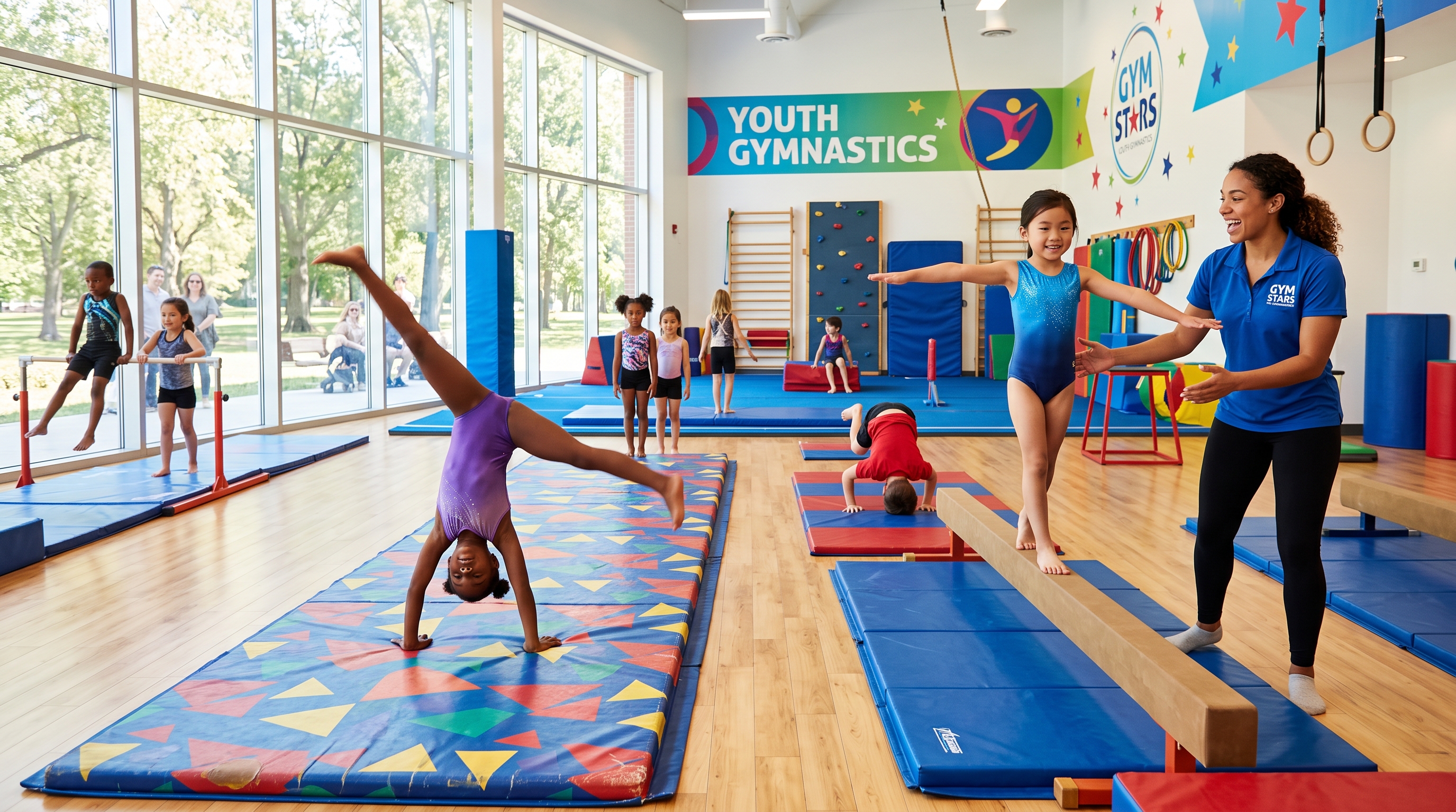 A youth gymnastics coach guiding a young athlete across a balance beam in a gym