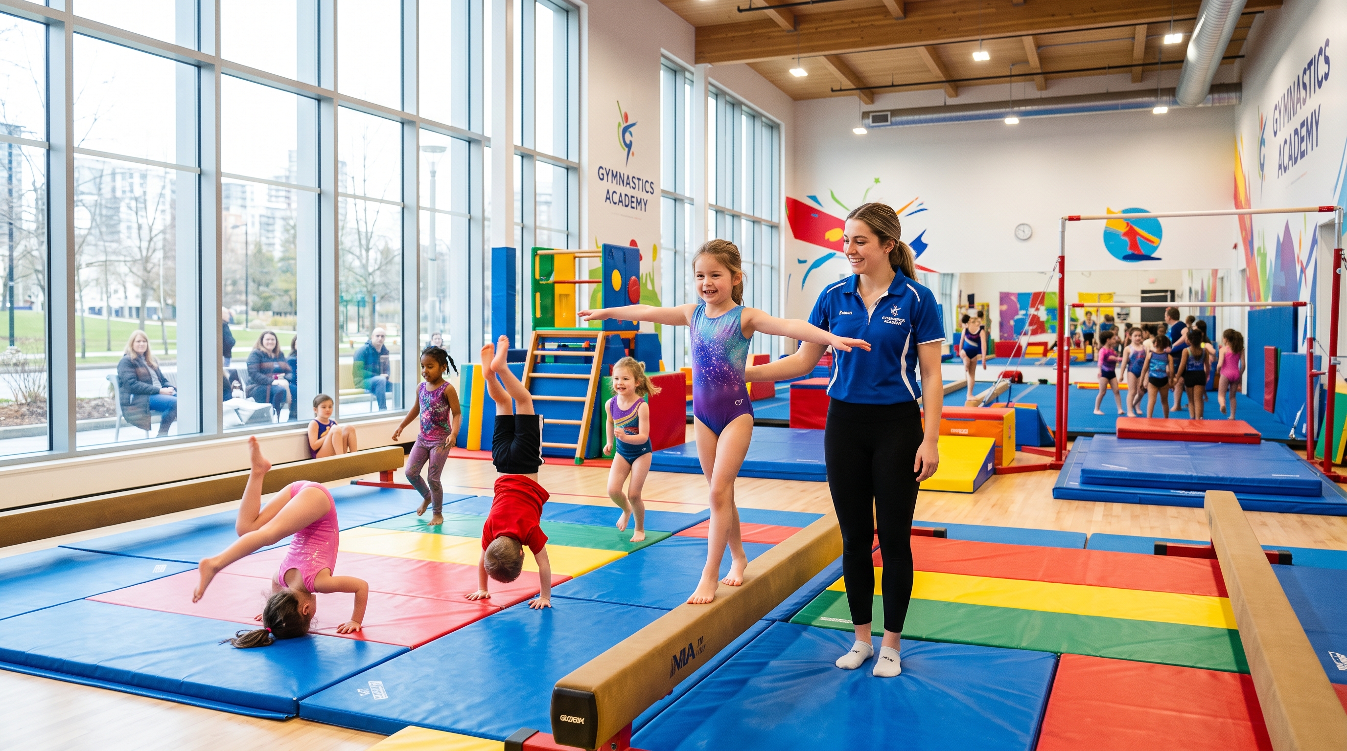 Coach supporting youth gymnastics players during practice