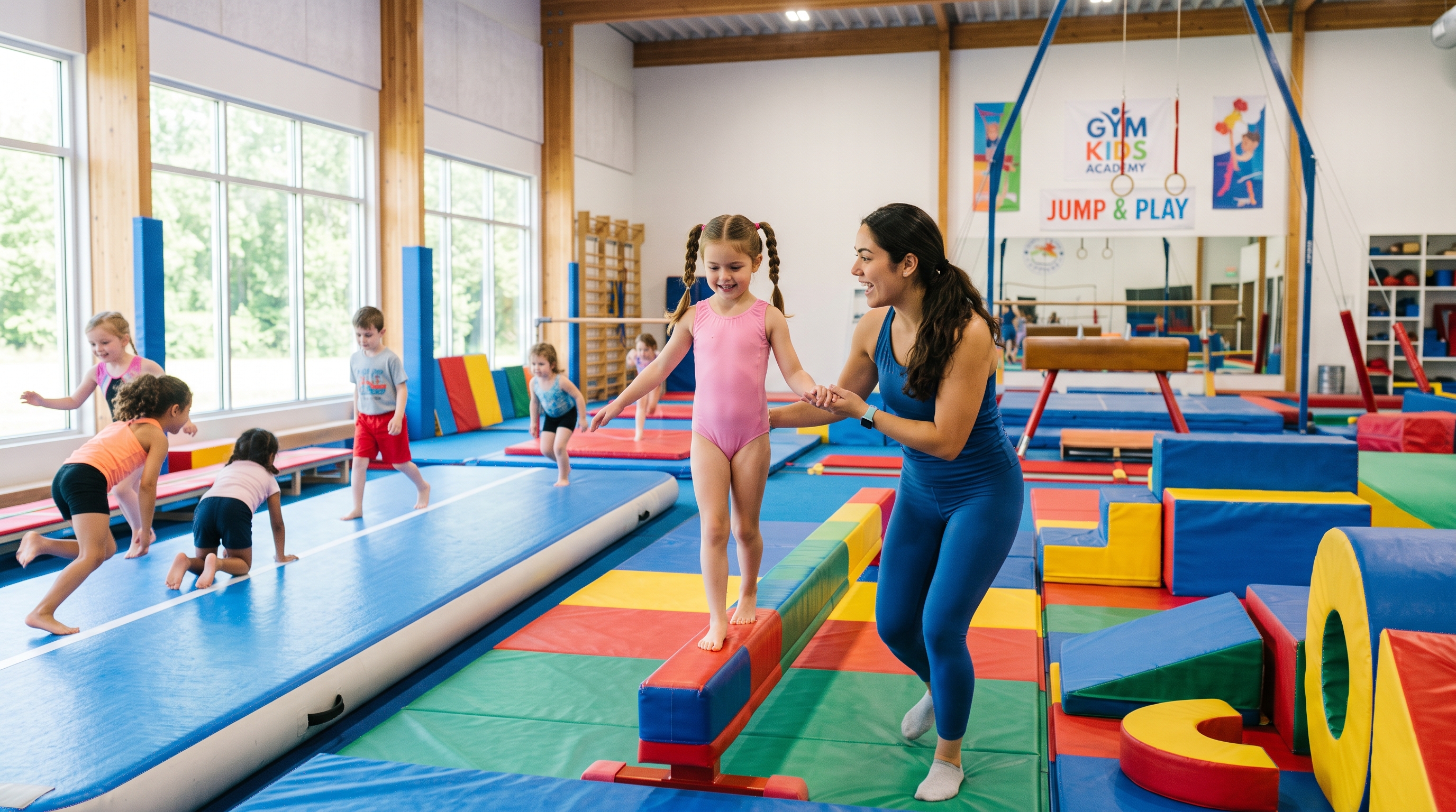 Youth gymnastics players developing skills during a coached practice