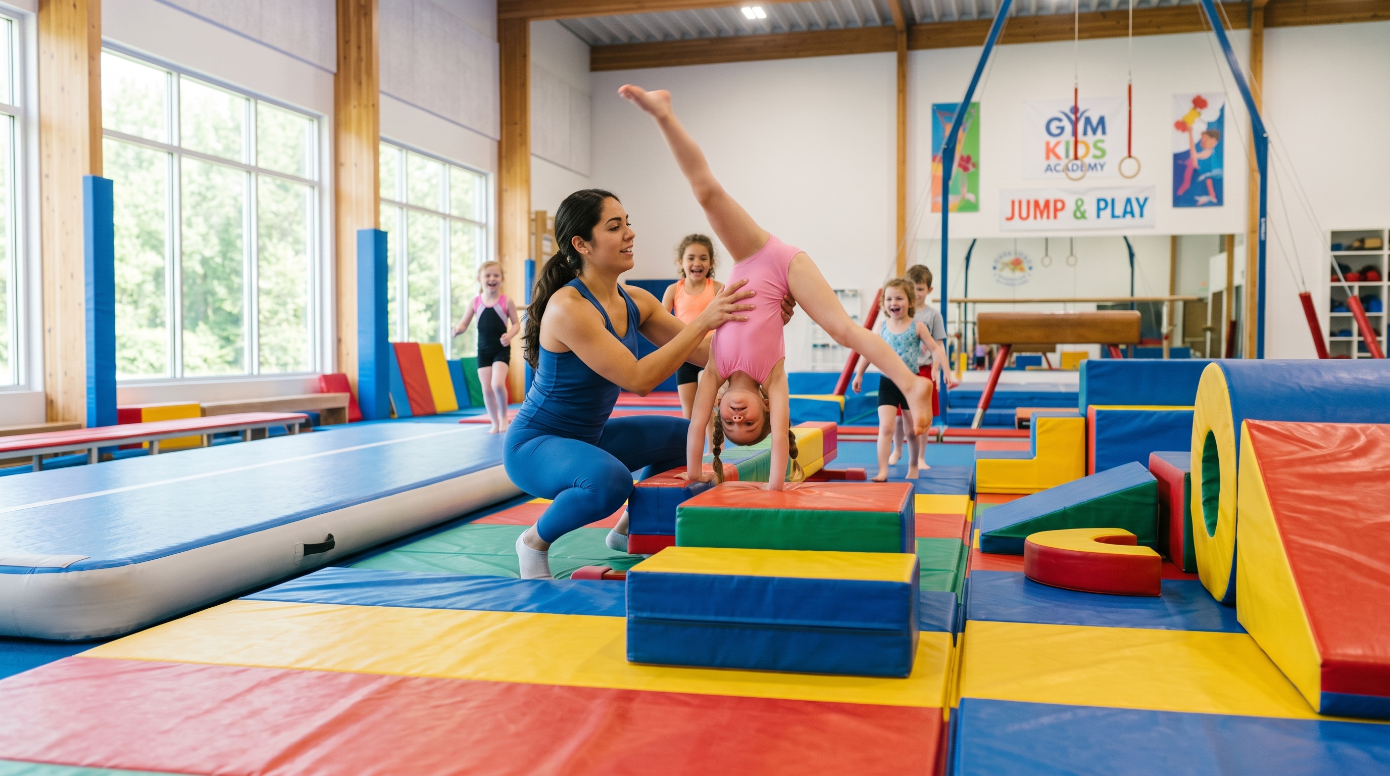 Gymnastics youth athletes practicing with coach guidance