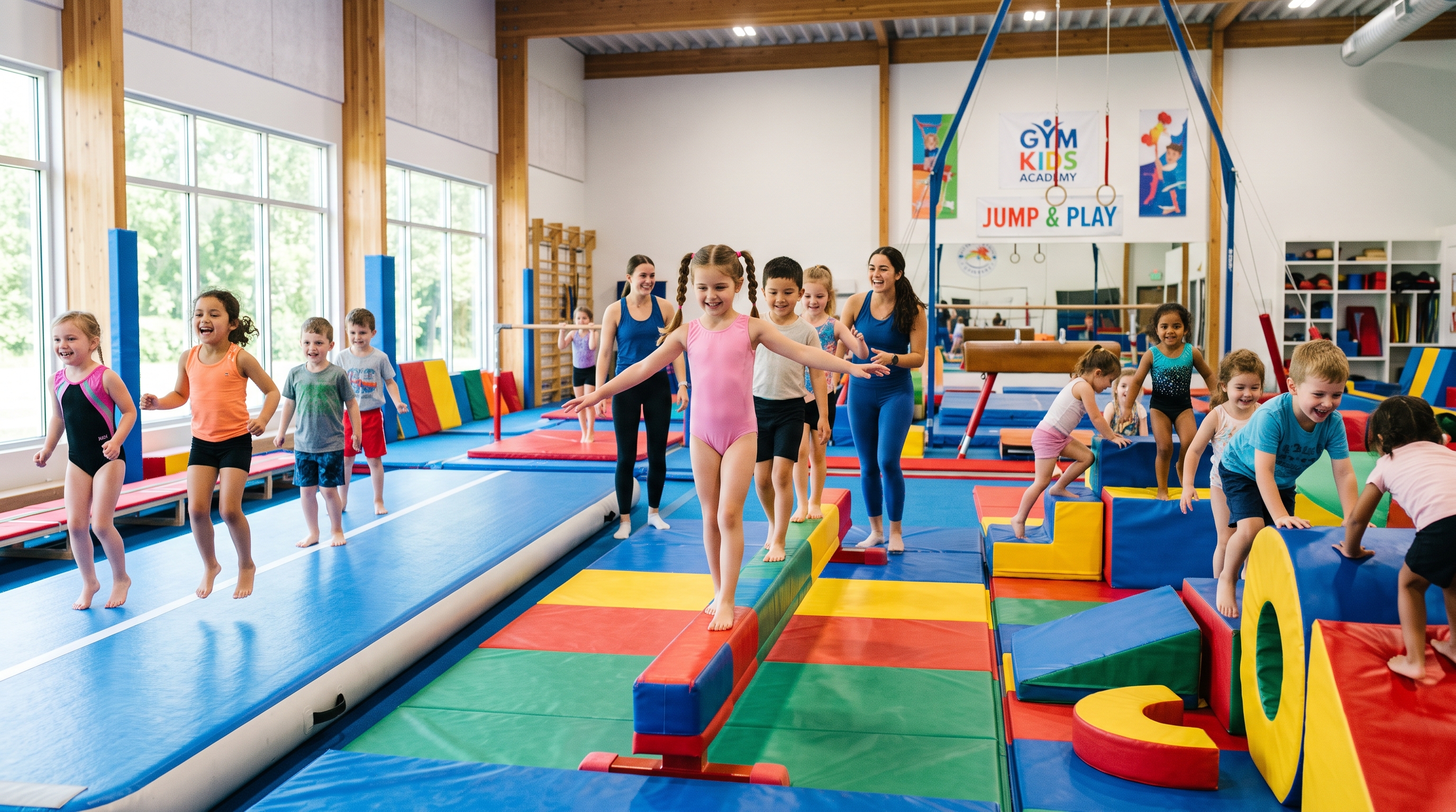 Young gymnastics athletes staying engaged during practice