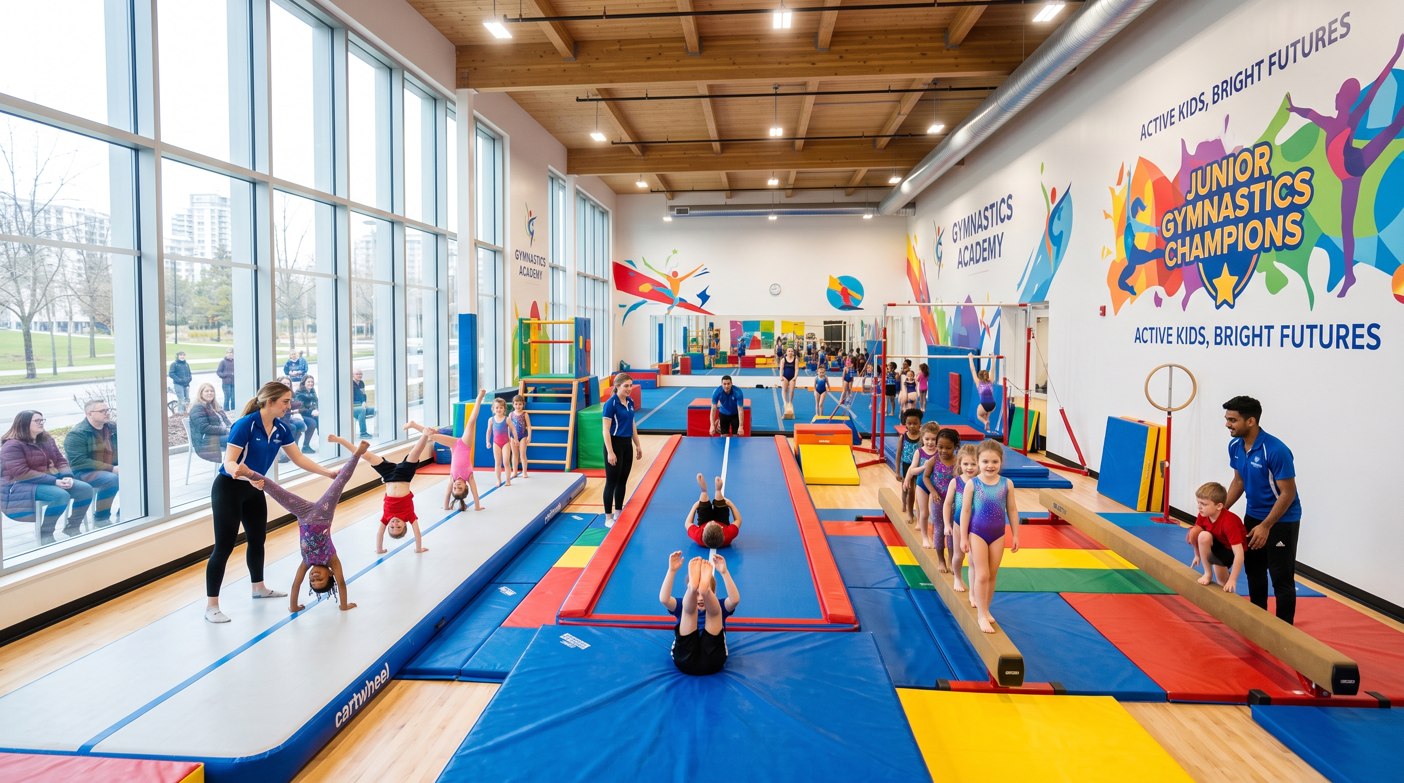 Youth gymnastics athletes working through a structured practice session