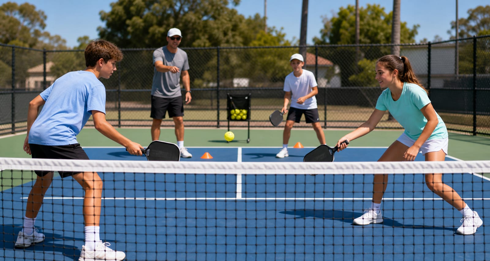 Pickleball players practicing on an outdoor court