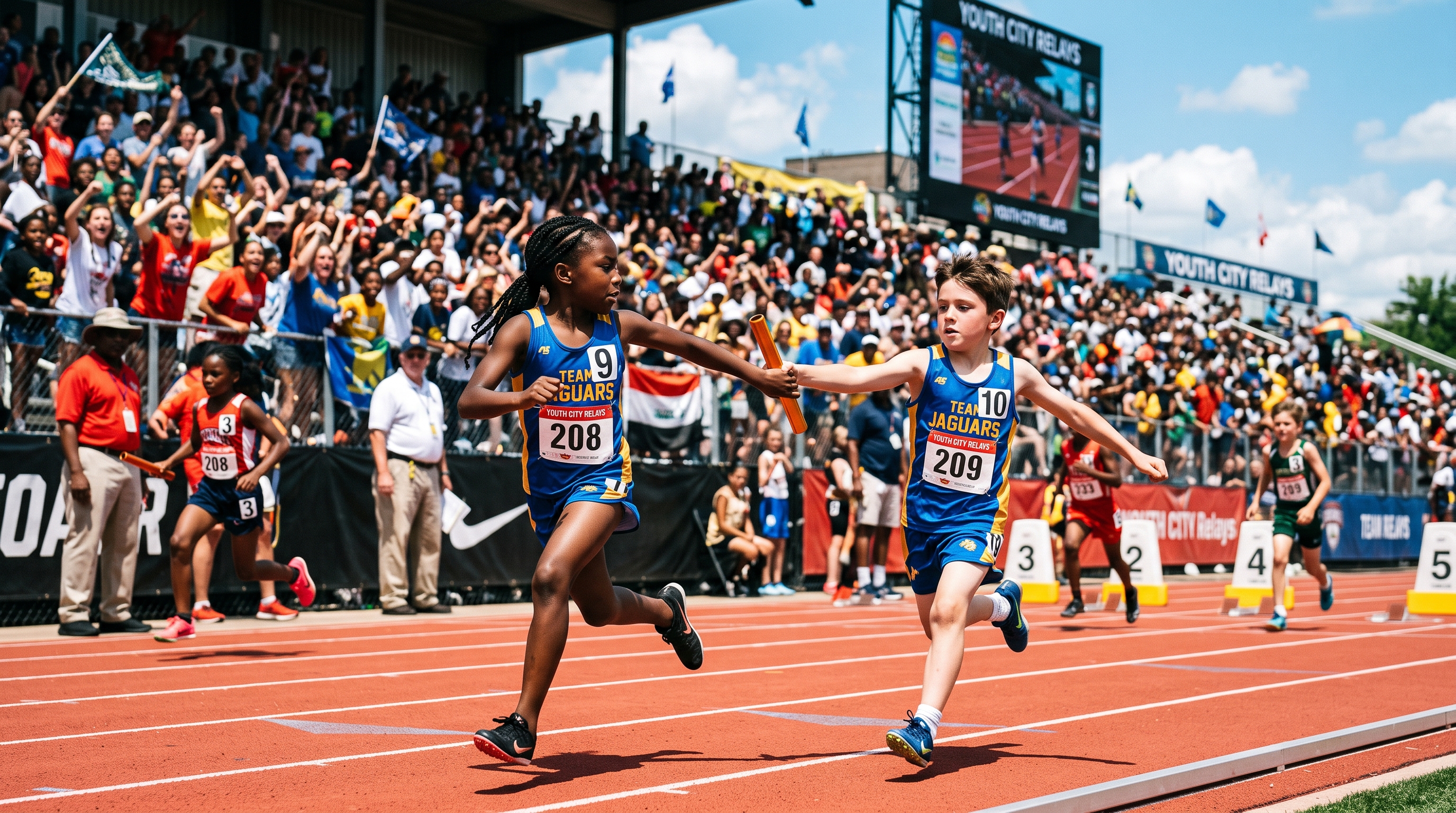 Two youth relay runners completing a baton handoff in front of a cheering crowd