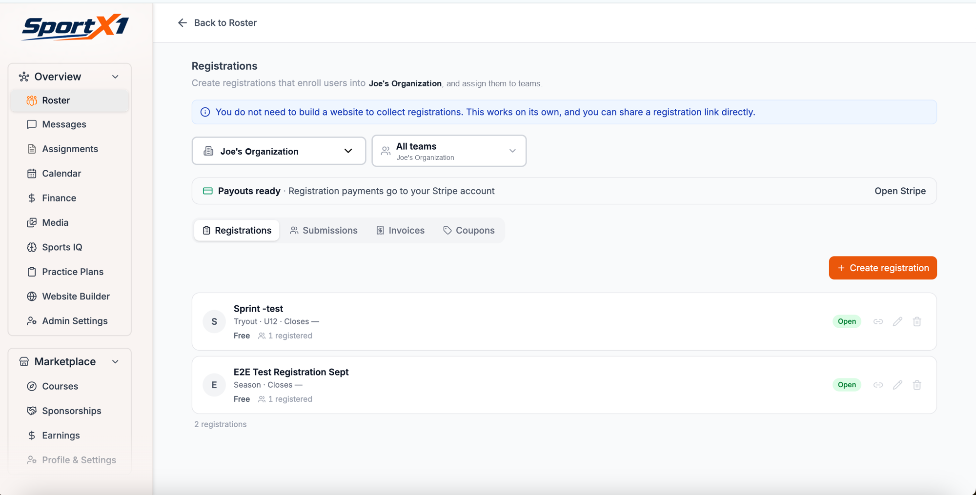 SportX1 Website Builder registrations dashboard with payout setup, registration tabs, and new registration form fields