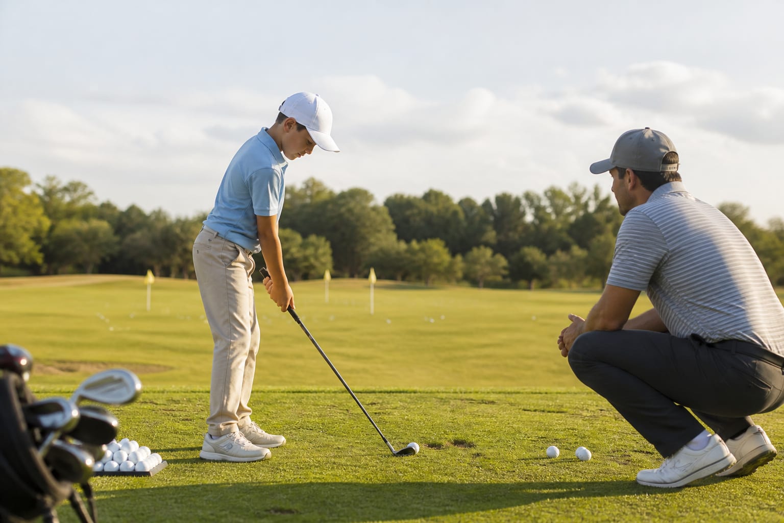 Junior golfer practicing with a coach on a golf practice area