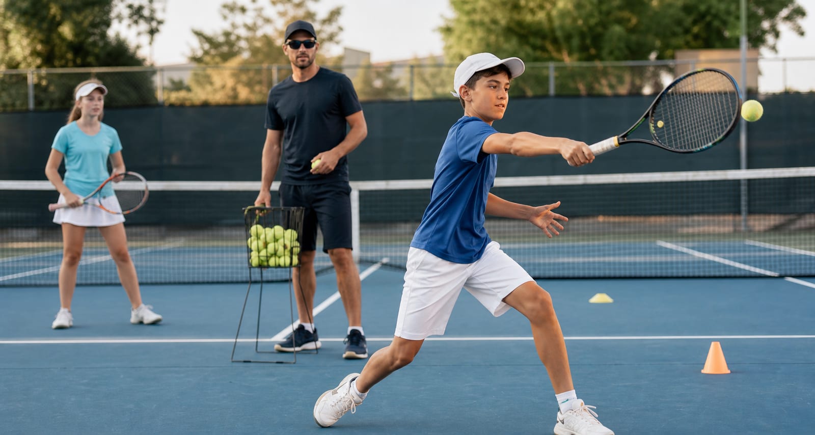 Junior tennis player practicing a forehand with a coach on court