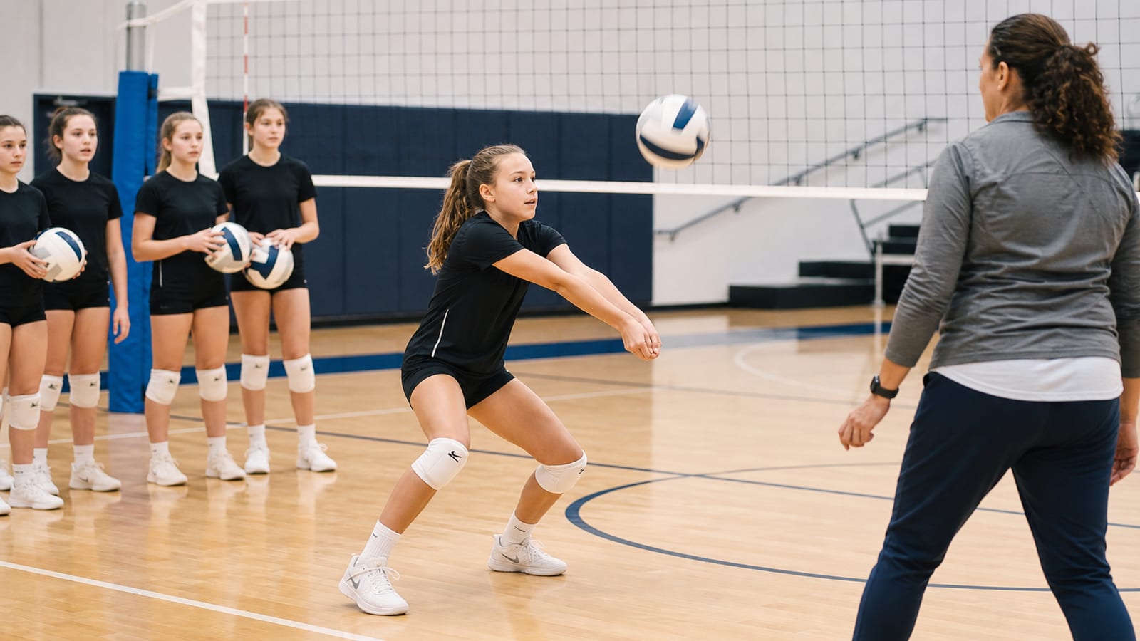 Youth volleyball players practicing passing and serve receive with a coach