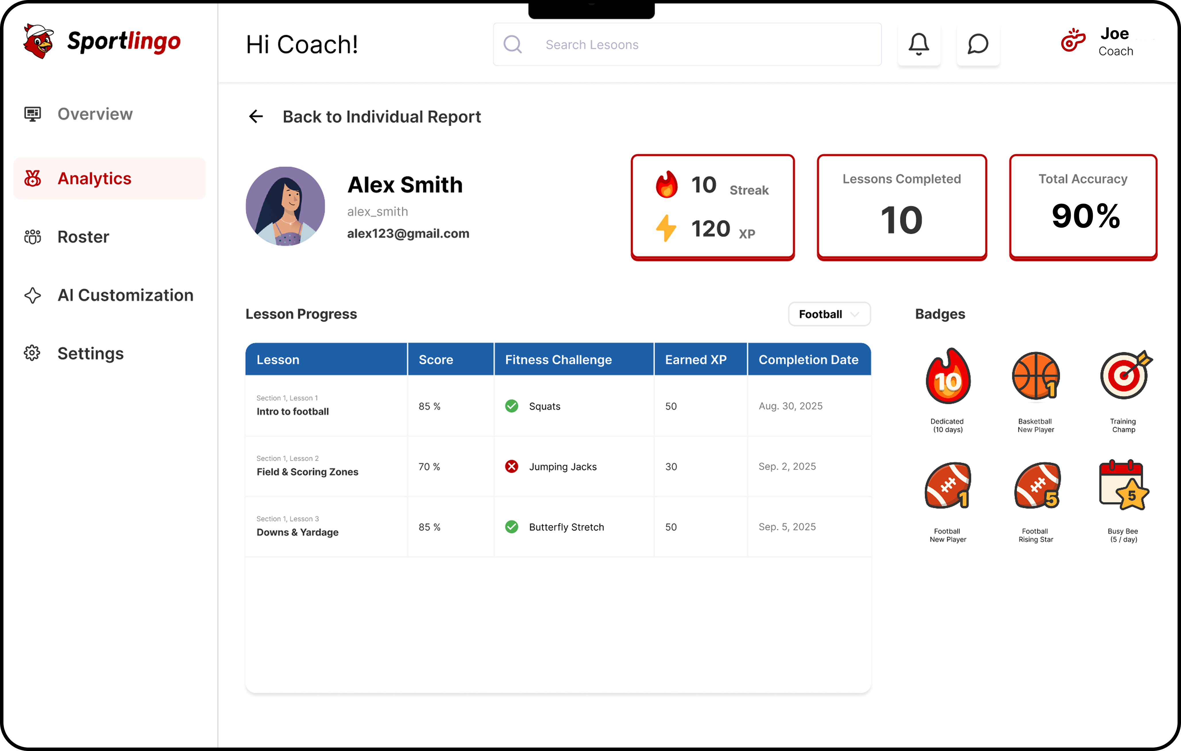 Sportlingo dashboard on desktop