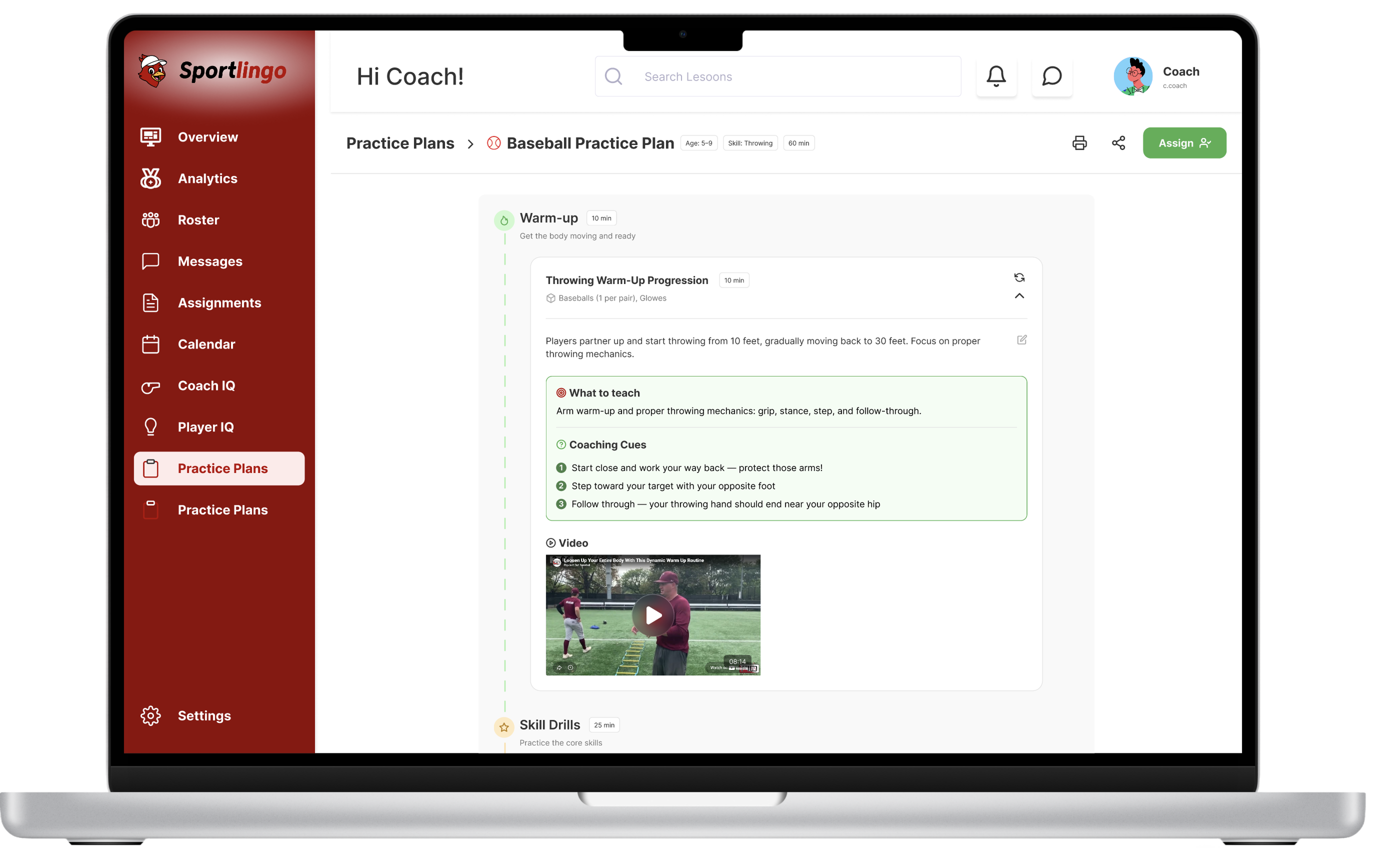 Sportlingo dashboard on desktop
