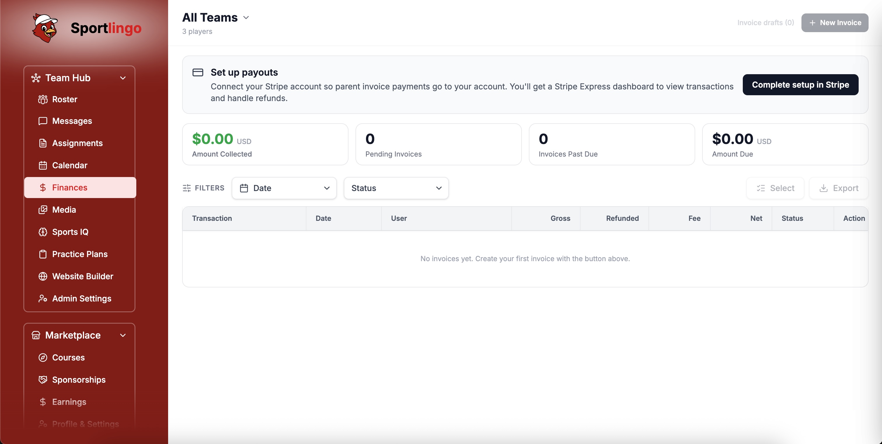 Sportlingo Finances dashboard showing Stripe payout setup, amount collected, pending invoices, past due invoices, filters, and the invoice table