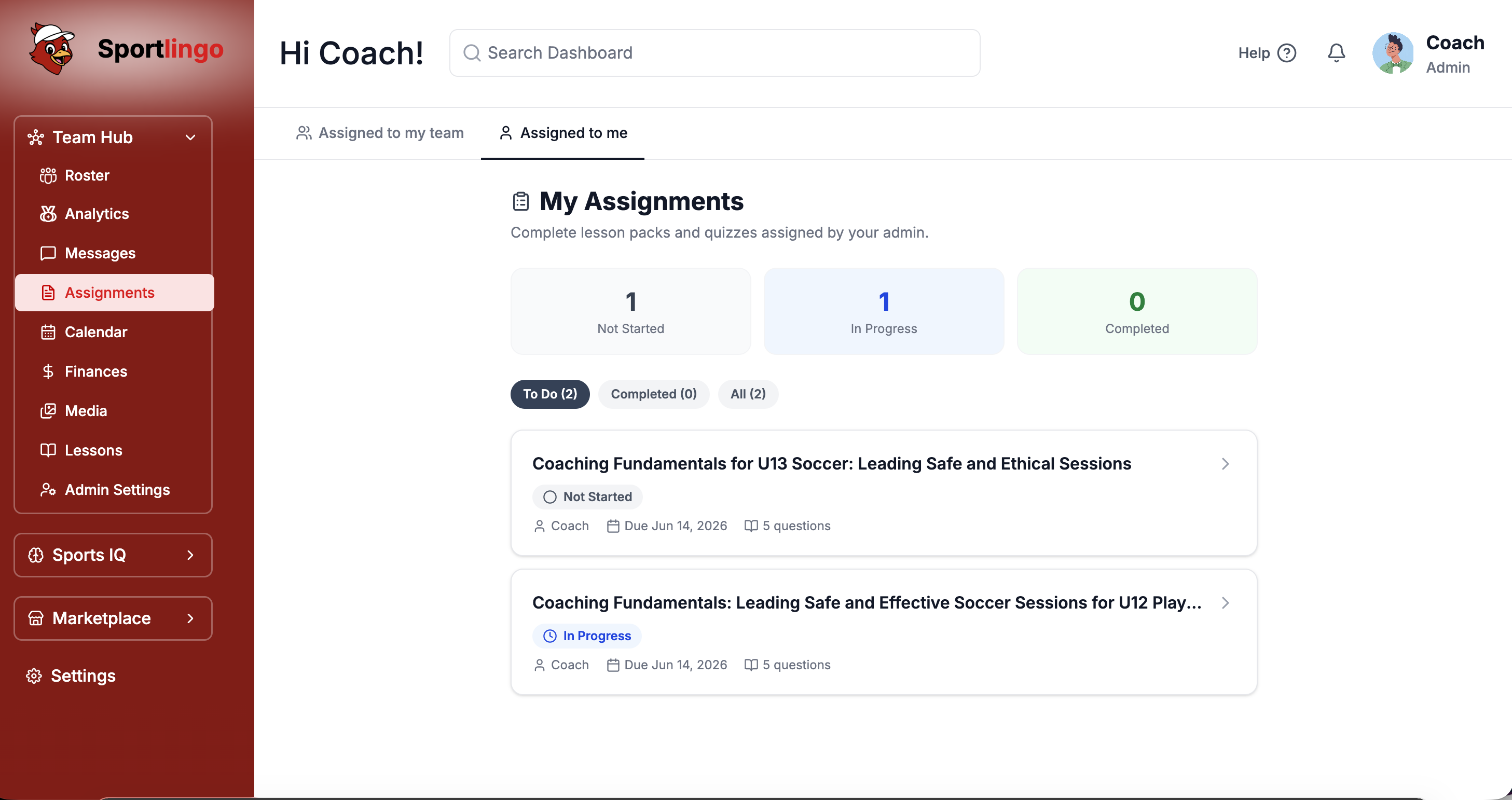 Sportlingo Assignments dashboard showing the task list with player completion status, due dates, and submission feedback panel