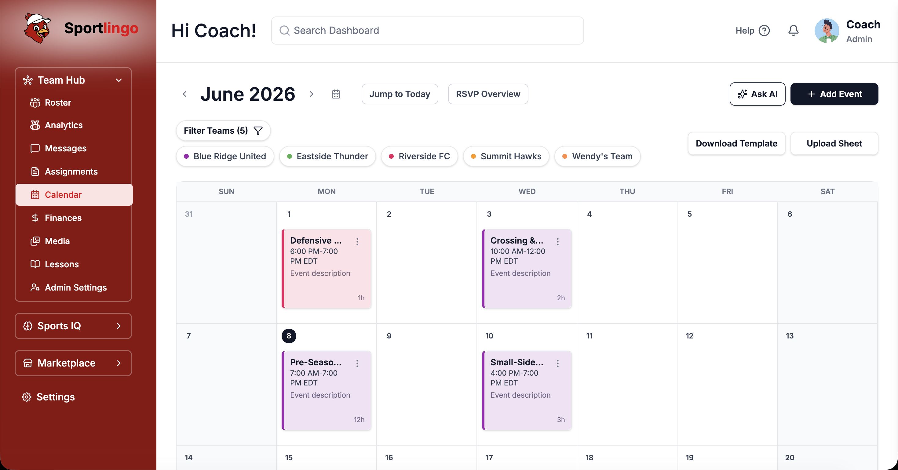 Sportlingo Calendar showing a monthly event grid with color-coded session types, team filter pills, and a live RSVP attendance panel
