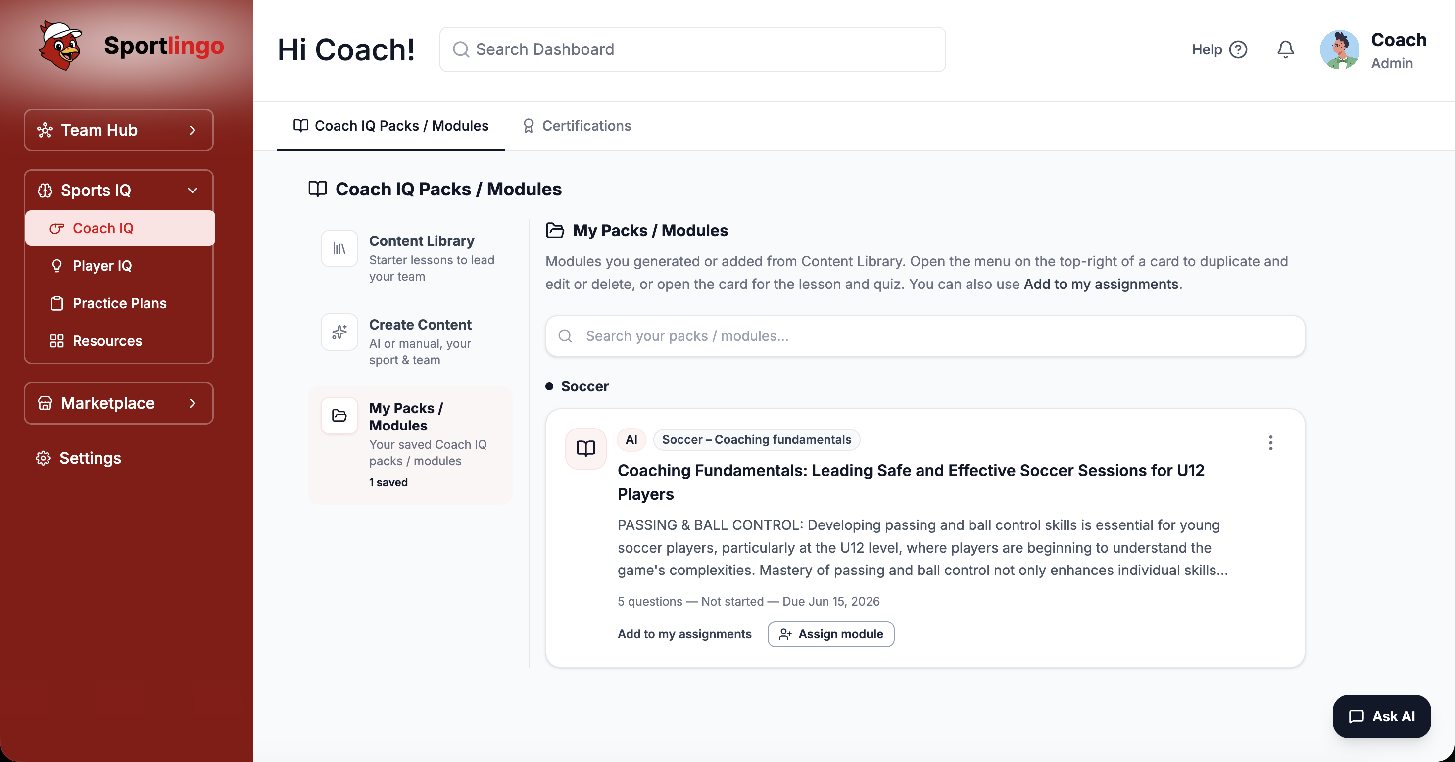 Sportlingo Coach IQ module library showing AI-generated coaching lessons, quiz completion rates, and staff certification progress
