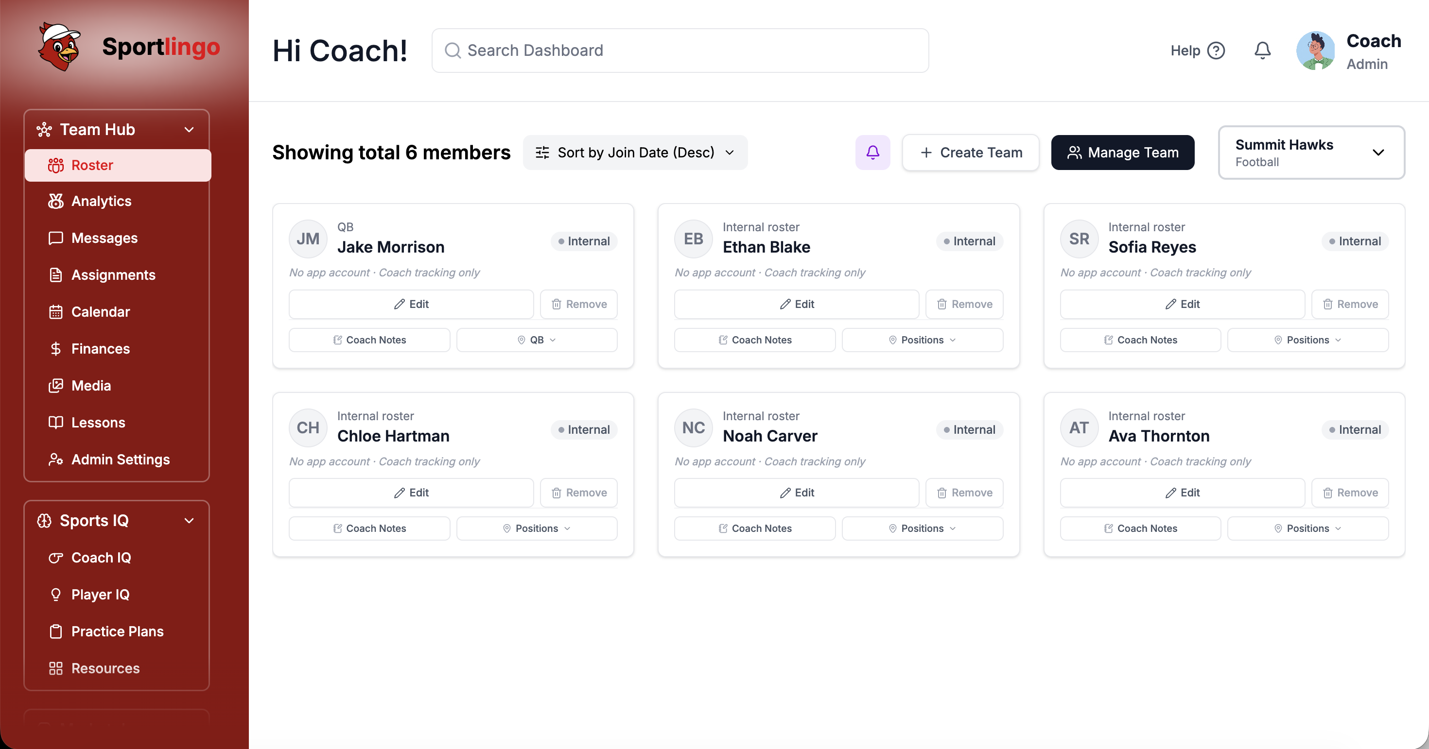 Sportlingo Coaching Dashboard overview showing team roster status cards, XP leaderboard, lesson progress charts, and recent activity feed