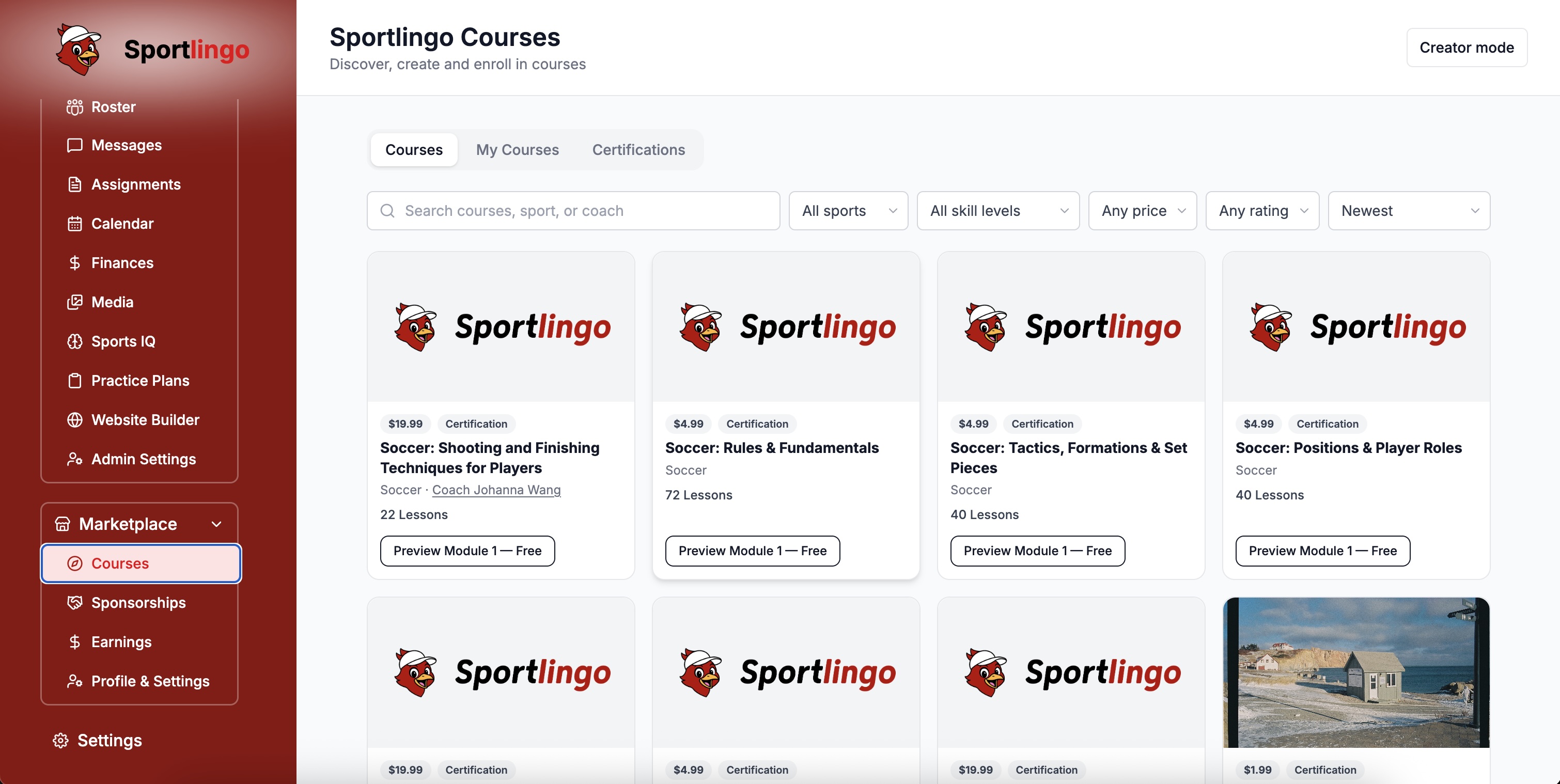 Sportlingo Marketplace dashboard showing course cards, sponsorship requests, and earnings metrics