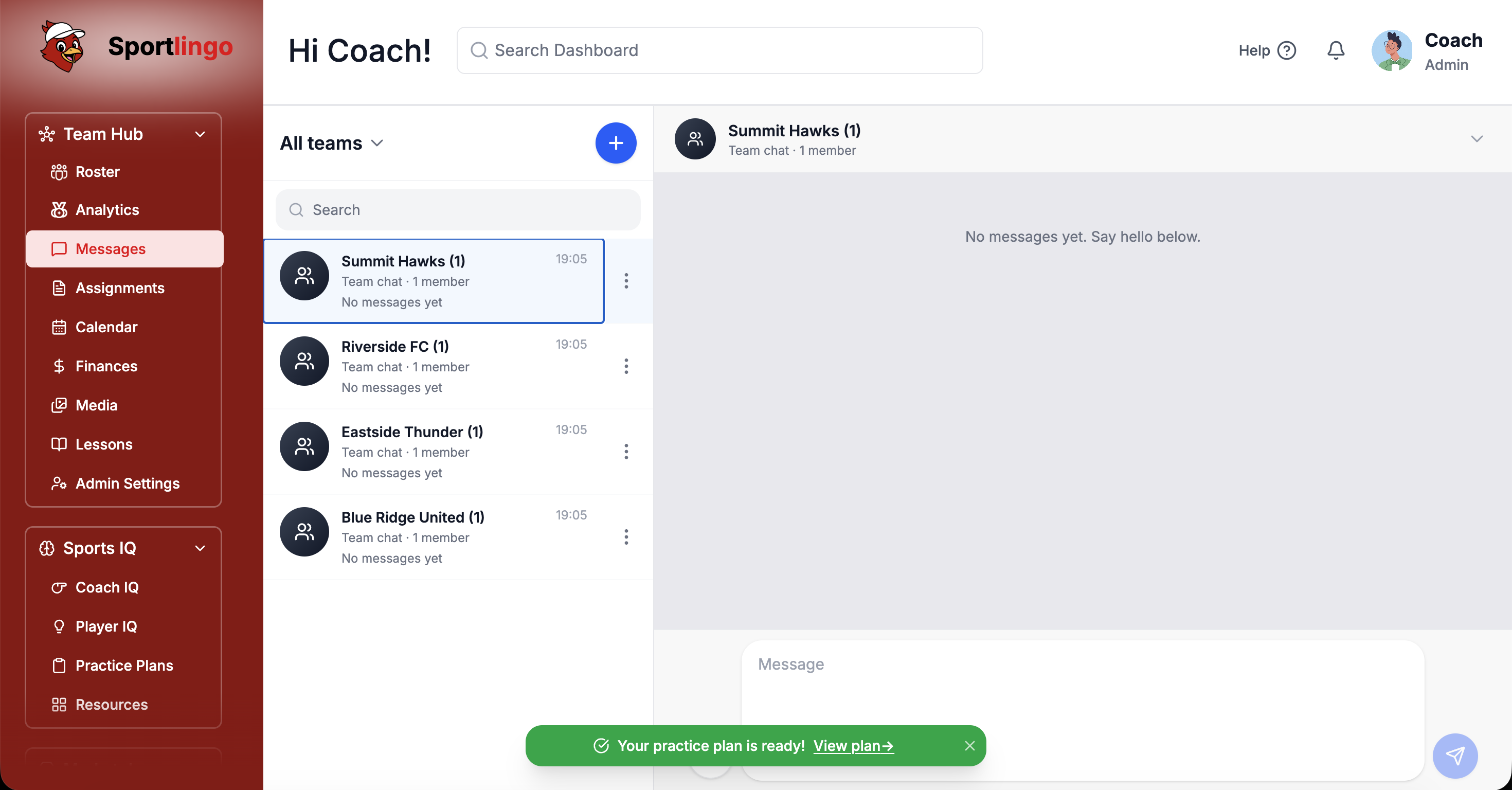 Sportlingo Messaging dashboard showing a team chat panel, direct message thread with a parent, and broadcast announcement interface