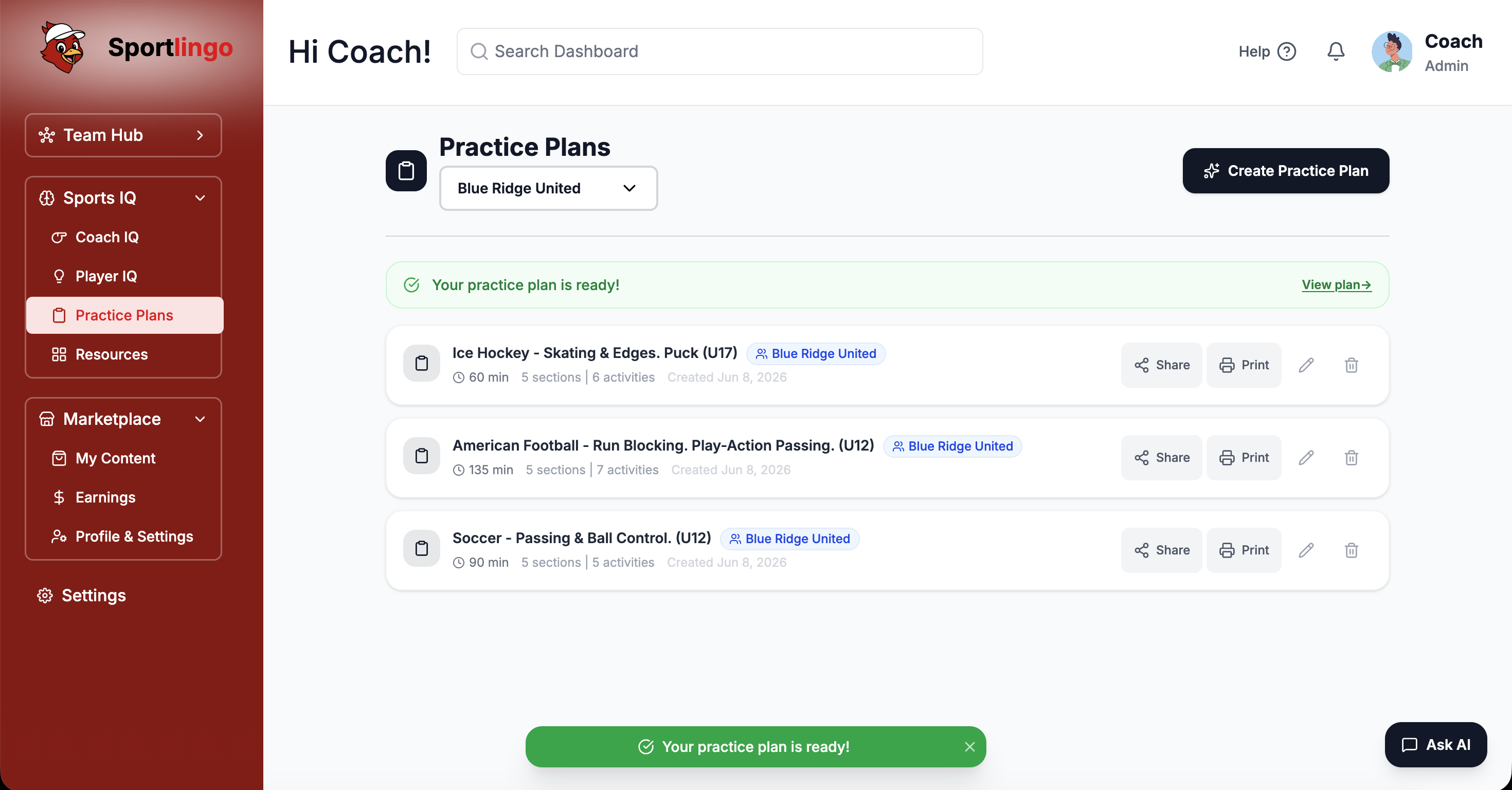 Sportlingo Practice Plan Generator showing a color-coded session plan with warm-up, skill work, and small-sided game activities — each with equipment list, space requirements, and coaching notes