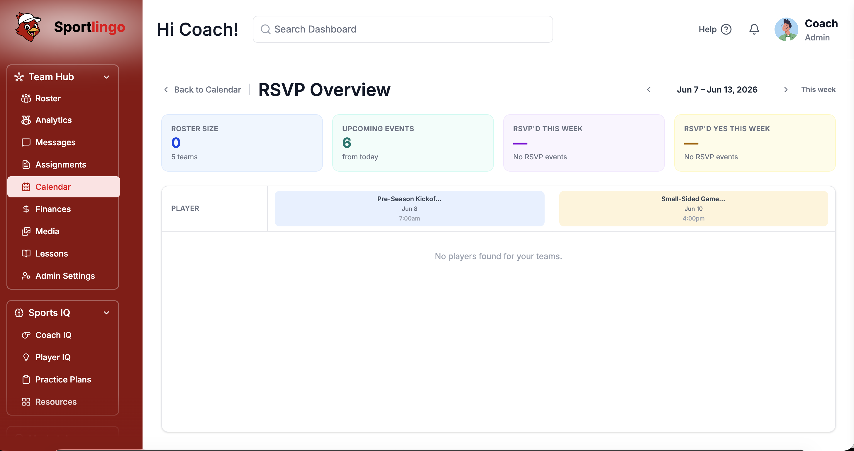 Sportlingo RSVP & Attendance panel showing a live headcount with confirmed, declined, and pending player responses per session